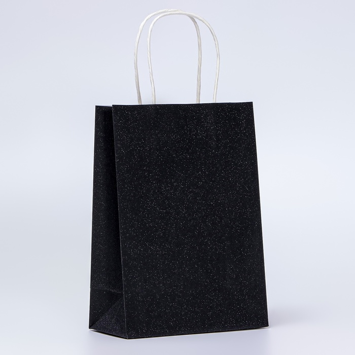 Пакет подарочный бумажный с глиттером чёрный, 15×8×21 см - Фото 1