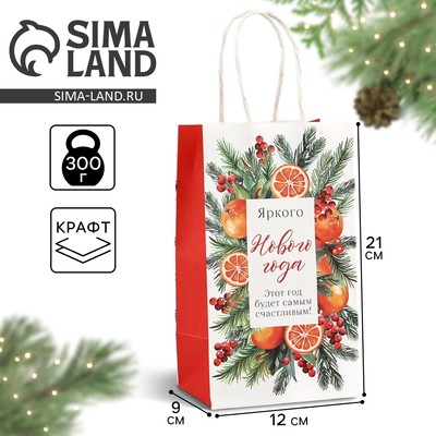 Пакет подарочный новогодний крафтовый «С Новым годом», 12×9×21 см