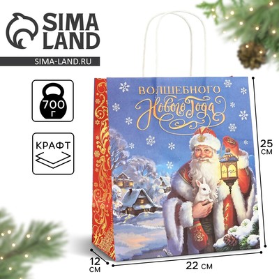 Пакет подарочный новогодний крафтовый «Яркого Нового года», 22×12×25 см