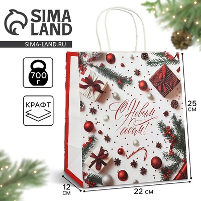 Пакет подарочный новогодний крафтовый «С Новым годом», 22×12×25 см