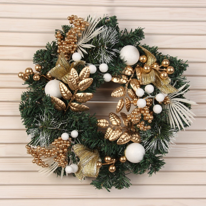 Венок новогодний d=34 см «Зимнее волшебство. Ветка ажурная», золотистый - Фото 1