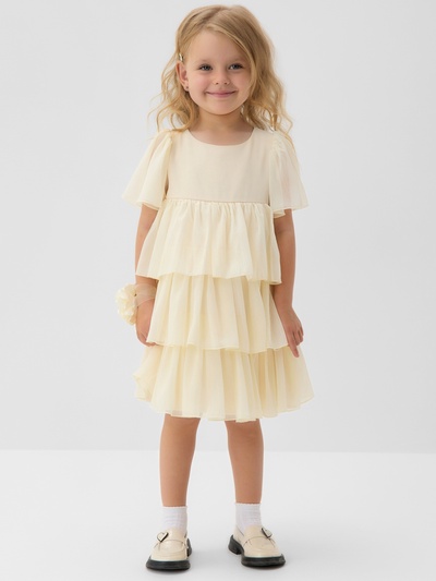 Платье нарядное для девочки MINAKU: PartyDress с рюшами, цвет молочный, рост 104-110 см