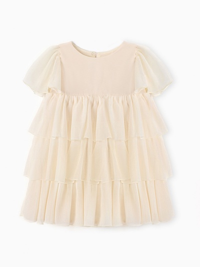 Платье нарядное для девочки MINAKU: PartyDress с рюшами, цвет молочный, рост 104-110 см