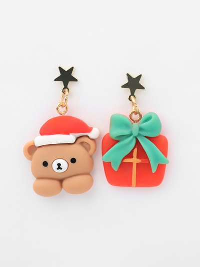 Серьги висячие «Новогодние» медведь с подарком, цветные в золоте