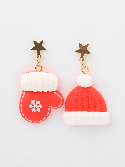 Серьги висячие «Шапка» звезда, варежка, цвет бело-красный в золоте