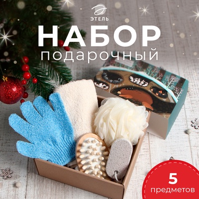 Подарочный набор «Этель. Зимняя спячка», 5 предметов, полотенце 30×60 см, полотенце, мочалка, щётка - массажёр