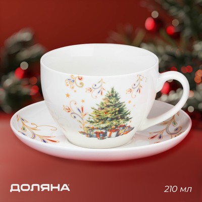 Чайная пара новогодняя Доляна «Волшебное дерево», 2 предмета: чашка 210 мл, блюдце d=15 см, фарфор, белая