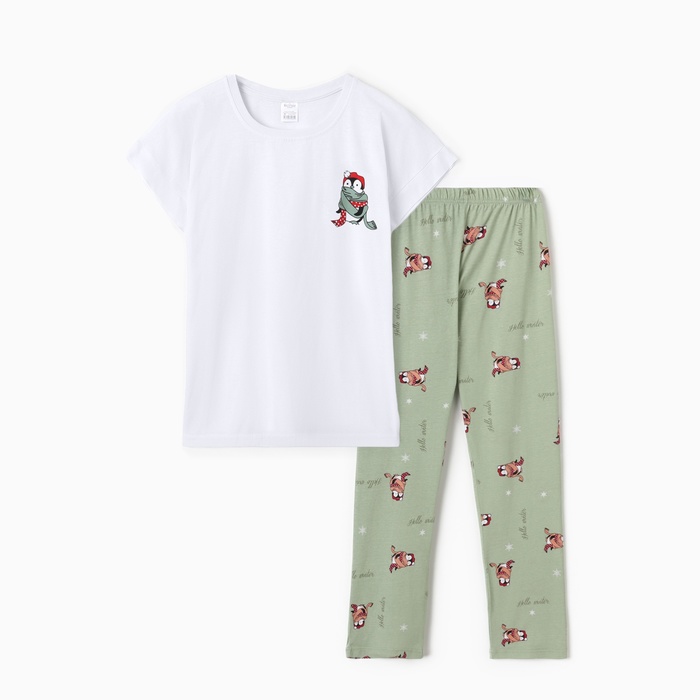 Пижама новогодняя женская (футболка, брюки) «Пингвин в шарфе», белая, зелёная, размер 52 - Фото 1