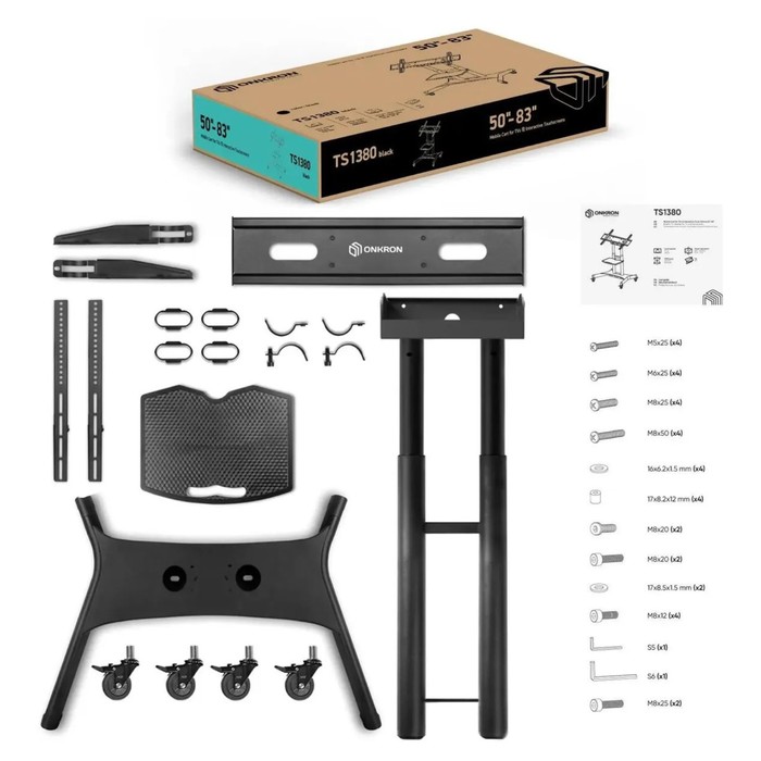 ONKRON стойка для ТВ и интерактивной панели с кронштейном 50"-83", мобильная, чёрная - фото 51646964