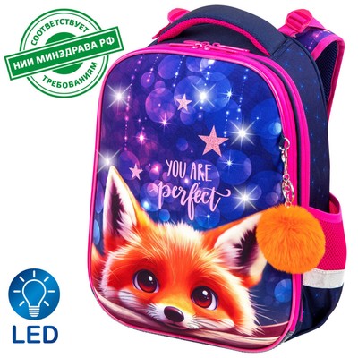 Рюкзак 2 отделения, 38×29×16 см, BRAUBERG PREMIUM Cute fox, с брелоком, LED лампочки