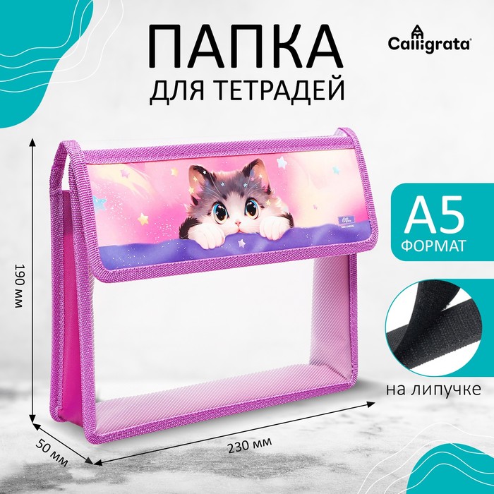 Папка для тетрадей, А5, пластиковая, 23×19×5 см «Котик»