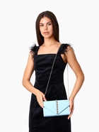 Сумка-клатч женская вечерняя на магните, на длинной цепочке, со стразами, голубая - Фото 2