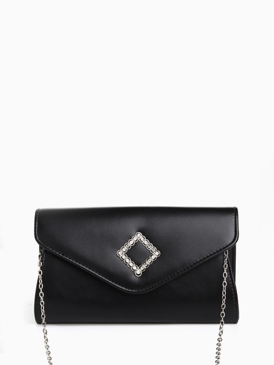 Сумка-клатч женская вечерняя на магните, на длинной цепочке, с декоративным элементом, однотонная, чёрная