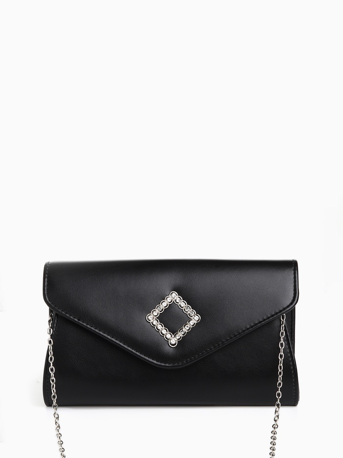 Сумка-клатч женская вечерняя на магните, на длинной цепочке, с декоративным элементом, однотонная, чёрная - Фото 1