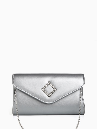 Сумка-клатч женская вечерняя на магните, на длинной цепочке, с декоративным элементом, однотонная, серебристая