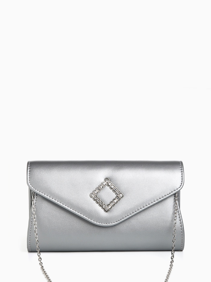 Сумка-клатч женская вечерняя на магните, на длинной цепочке, с декоративным элементом, однотонная, серебристая - Фото 1