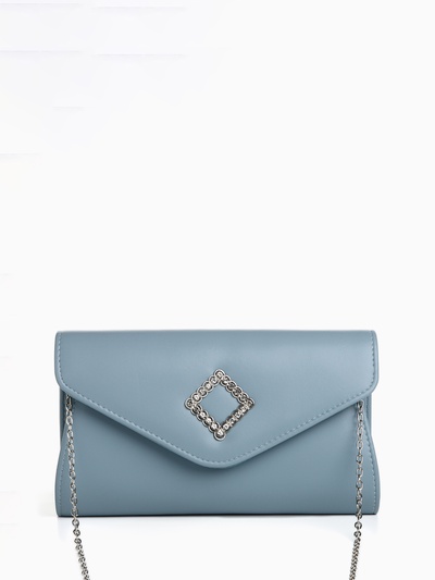 Сумка-клатч женская вечерняя на магните, на длинной цепочке, с декоративным элементом, однотонная, серо-голубая