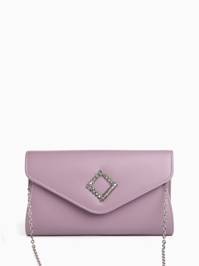 Сумка-клатч женская вечерняя на магните, на длинной цепочке, с декоративным элементом, однотонная, фиолетовая