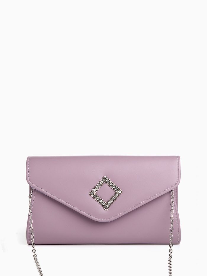 Сумка-клатч женская вечерняя на магните, на длинной цепочке, с декоративным элементом, однотонная, фиолетовая - Фото 1
