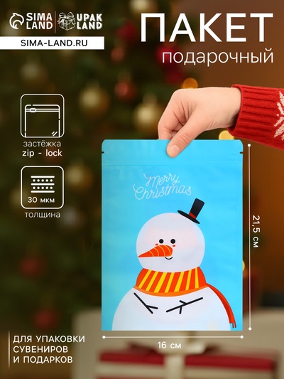 Пакет подарочный новогодний, с zip-lock застежкой, «Снеговик с шарфом», 16×21.5±1 см