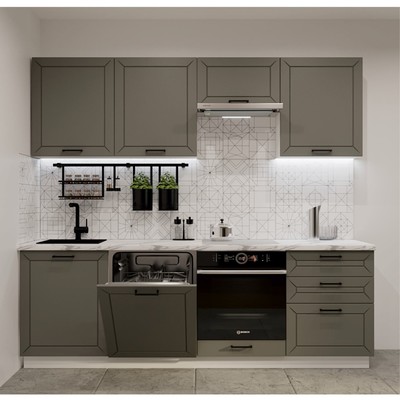 Кухонный гарнитур прямой, 2400×60×2140 мм, цвет обсидиан/кристалл