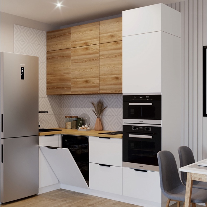 Кухонный гарнитур трехуровневый угловой 7, 1000×600×2500 мм, цвет тальк/рустик соломенный - Фото 1