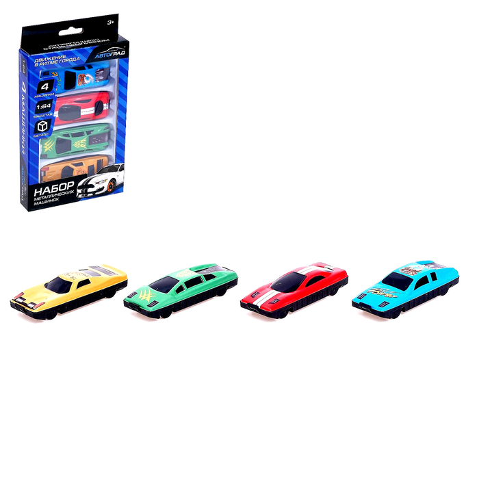 Набор металлических машин «Гонка», 4 шт., цвета МИКС, уценка - Фото 1