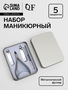 Набор маникюрный, 5 предметов, в металлическом футляре, серебристый - Фото 1