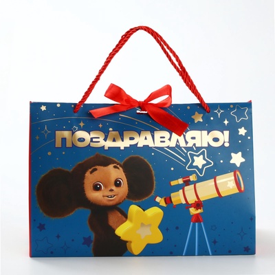 Пакет подарочный-коробка с тиснением, Чебурашка, 30×20×12 см