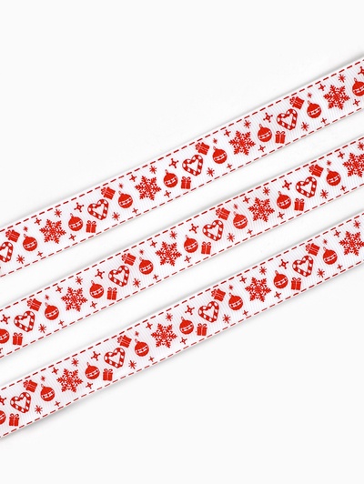 Лента декоративная репсовая «Новогодние игрушки и подарки», белая, 2 см × 5 м