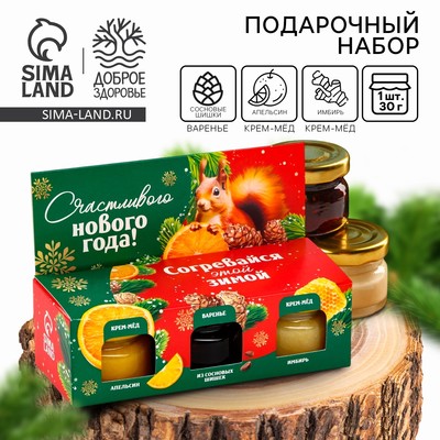 Подарочный набор новогодний «Согревайся этой зимой» 2 крем-мёда и варенье с шишками 3×30 г