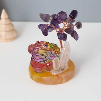 Фигурка «Деревце под защитой жабы», стекло, металл, 18 камней, фиолетовый, 5.5×5.5×9 см