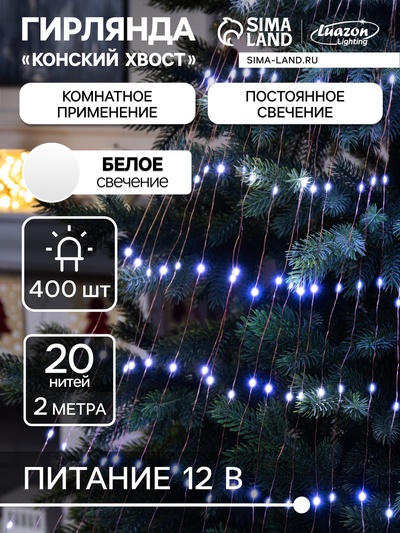 Гирлянда «Конский хвост» 20 нитей по 2 м, нить медная, 400 LED, 12 В, блок питания в комплекте, фиксинг, свечение белое