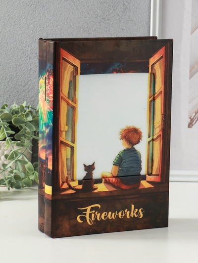 Шкатулка - книга световая «Малыш и кот наблюдают за салютом», 28×19×6 см