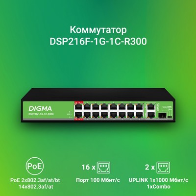 Коммутатор Digma DSP216F-1G-1C-R300, L2, 16×100 Мбит/с, 1×1 ГБит/с, 1xКомбо (1000BASE-T/SFP), 16P