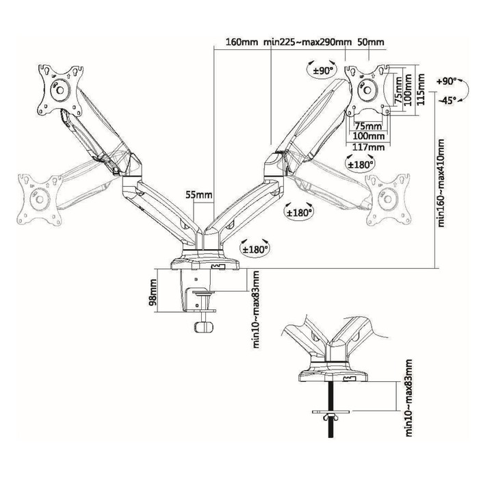 Кронштейн для мониторов Ultramounts UM705 черный 13"-27" макс.13кг настольный поворот и нак   107755 - фото 51661319