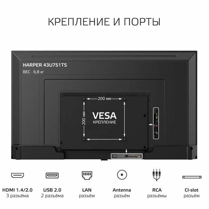 LED телевизор Harper 43U751TS ЭДО 43"/3840*2160/Smart TV/ЯНДЕКС/3*HDMI/2*USB/БЕЗРАМ - фото 51653406