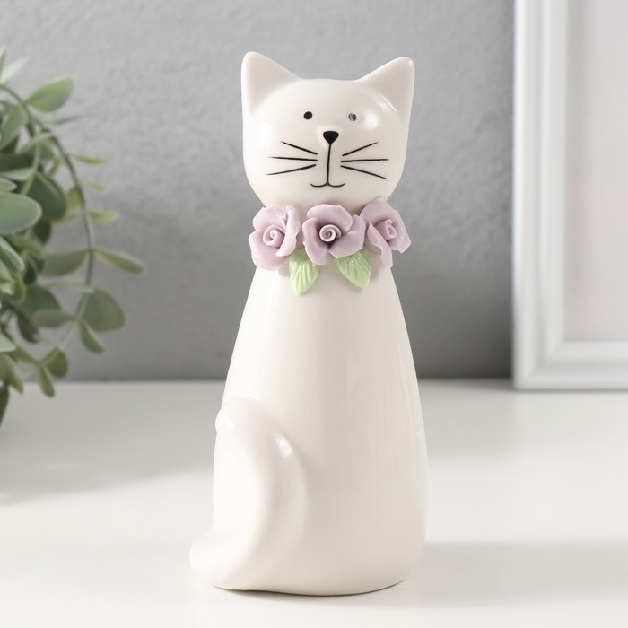 Фигурка керамика «Котик белый сидящий с цветочным ошейником», 6.5×6.2×14.3 см - Фото 1