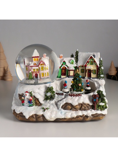 Снежный шар новогодний стеклянный «Ёлка на катке, дети крутятся», музыкальный, световой, d=10 см, 22×15.5×15.5 см