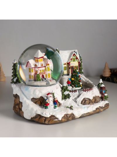 Снежный шар новогодний стеклянный «Ёлка на катке, дети крутятся», музыкальный, световой, d=10 см, 22×15.5×15.5 см