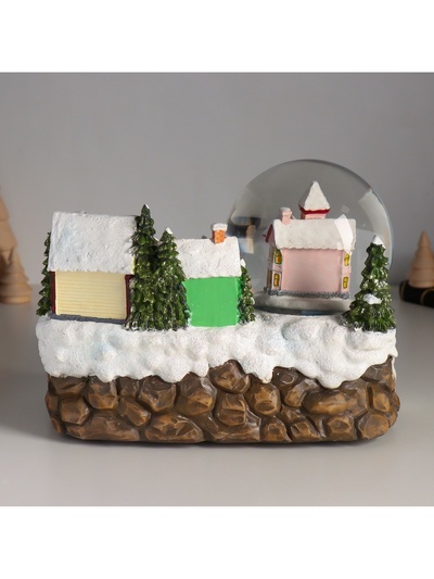 Снежный шар новогодний стеклянный «Ёлка на катке, дети крутятся», музыкальный, световой, d=10 см, 22×15.5×15.5 см