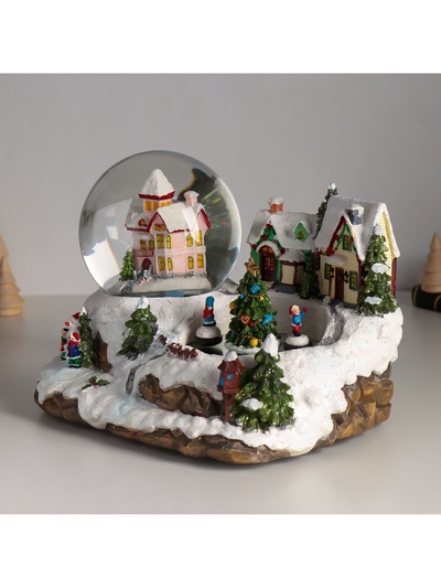 Снежный шар новогодний стеклянный «Ёлка на катке, дети крутятся», музыкальный, световой, d=10 см, 22×15.5×15.5 см