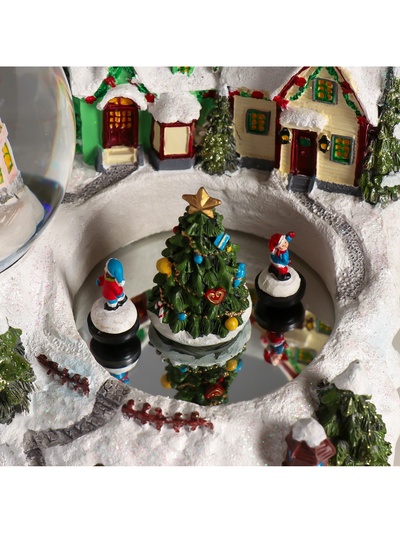 Снежный шар новогодний стеклянный «Ёлка на катке, дети крутятся», музыкальный, световой, d=10 см, 22×15.5×15.5 см