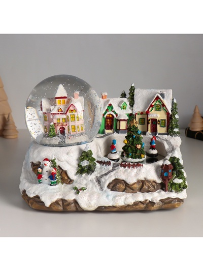 Снежный шар новогодний стеклянный «Ёлка на катке, дети крутятся», музыкальный, световой, d=10 см, 22×15.5×15.5 см