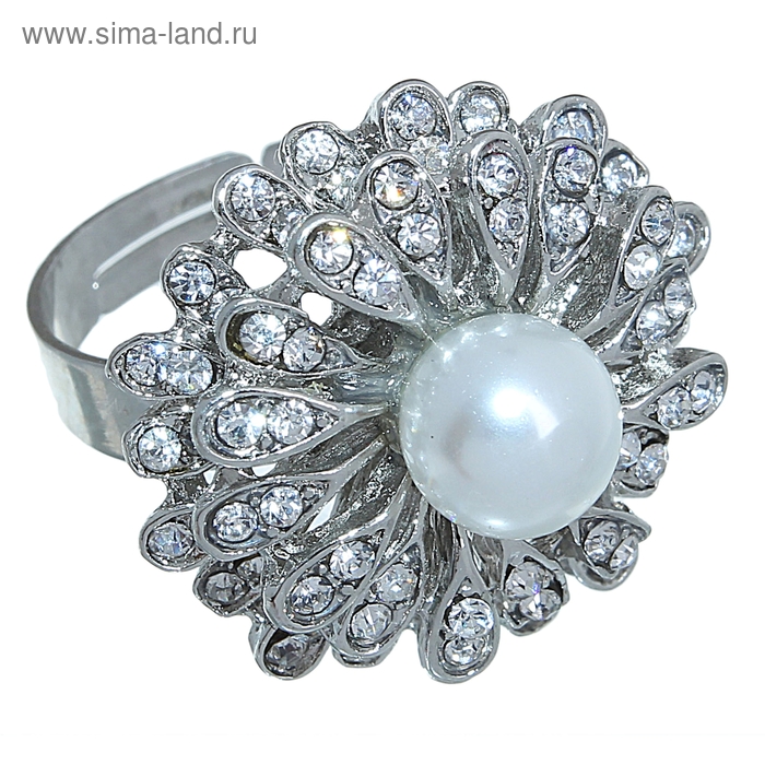 Кольцо "Цветок с жемчужиной", цвет белый в серебре, безразмерное - Фото 1