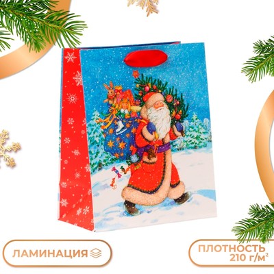 Пакет подарочный новогодний ламинированный «Дед мороз спешит в гости», 18×22.3×10 см