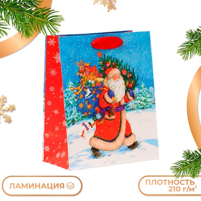 Пакет подарочный новогодний ламинированный «Дед мороз спешит в гости», 18×22.3×10 см - Фото 1