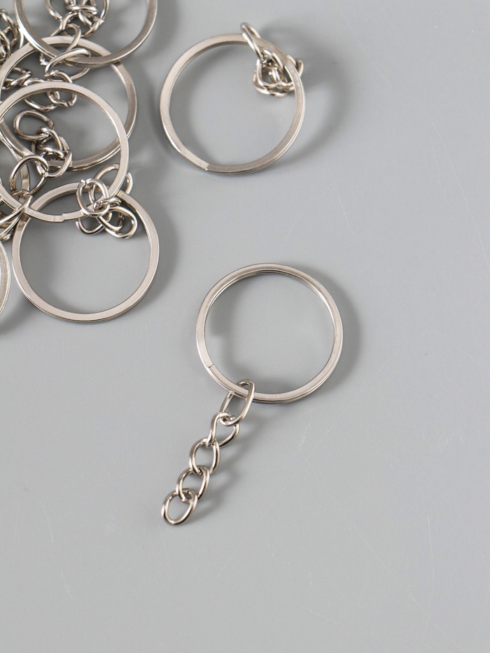 Основа для брелока, с цепочкой, плоская, d=25 мм, 10 шт., цвет серебряный