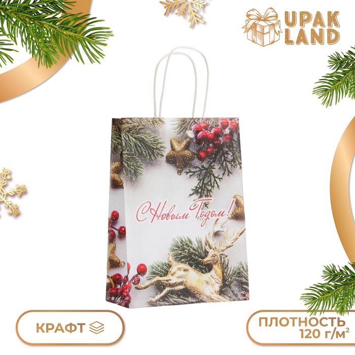 

Пакет бумажный подарочный новогодний крафт "Новогоднее украшение" 18 х 8 х 25 см.