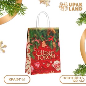 Пакет бумажный подарочный новогодний крафт "Новогодняя атмосфера" 18 х 8 х 25 см. Новый год 10576052